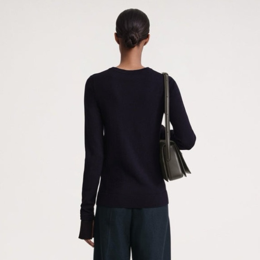 Toteme Two Tone High V Neck Knit Wool Silk Cuff Sweater Navy Blue - Picture 3 of 16